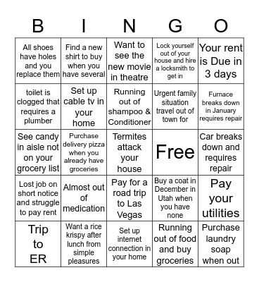 Money Budgeting Bingo Card