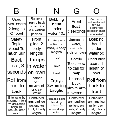 SWIMMING Bingo Card