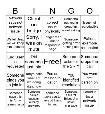 Bridge Call Bingo Card
