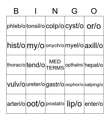 Medical Terminology Bingo Card