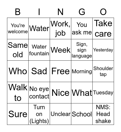 ASL Units 1 & 2 Bingo Card