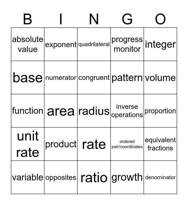 Math Bingo 8th grade Bingo Card