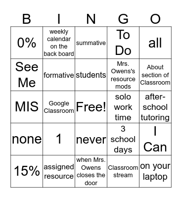 Syllabus Bingo Card