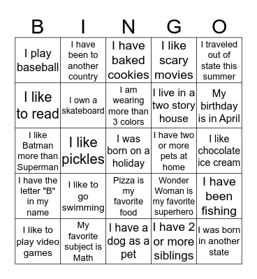 Find A Friend Bingo Card