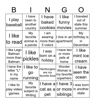Find A Friend Bingo Card
