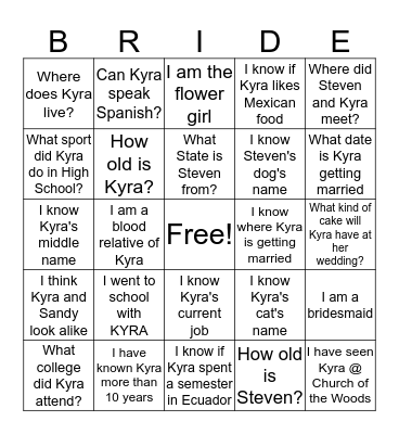 KYRA'S BRIDAL SHOWER BINGO Card