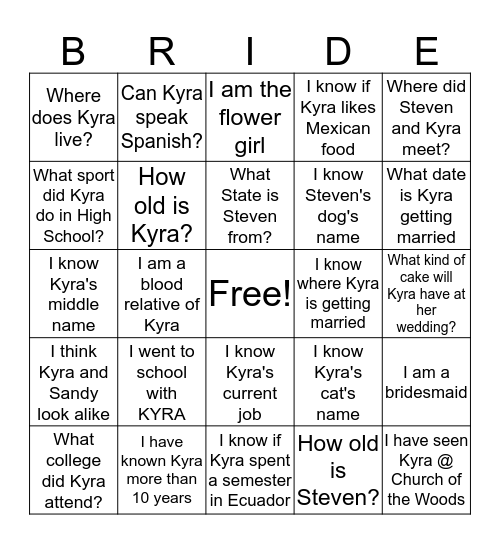 KYRA'S BRIDAL SHOWER BINGO Card