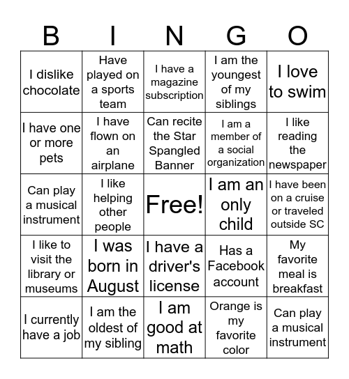 BINGO TO MEET YOU Bingo Card