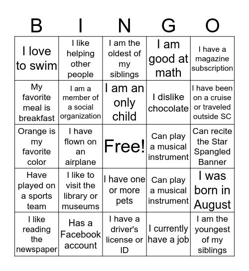 BINGO TO MEET YOU Bingo Card