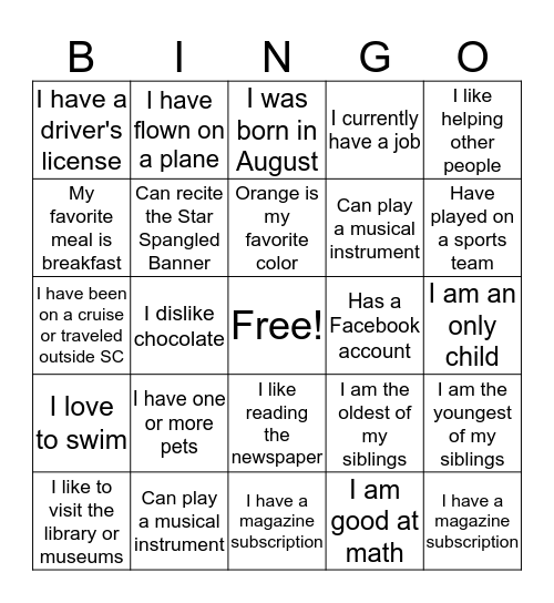 BINGO TO MEET YOU Bingo Card