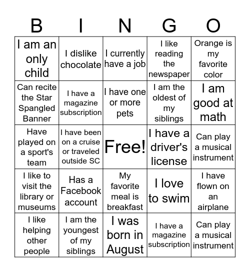 BINGO TO MEET YOU Bingo Card