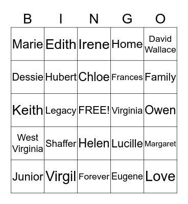 Shaffer Family Reunion Bingo Card