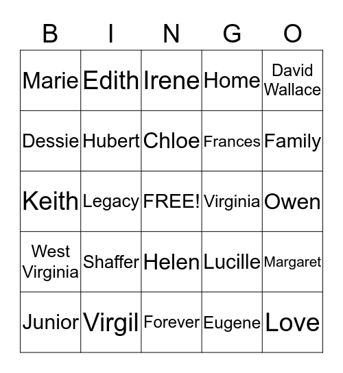 Shaffer Family Reunion Bingo Card