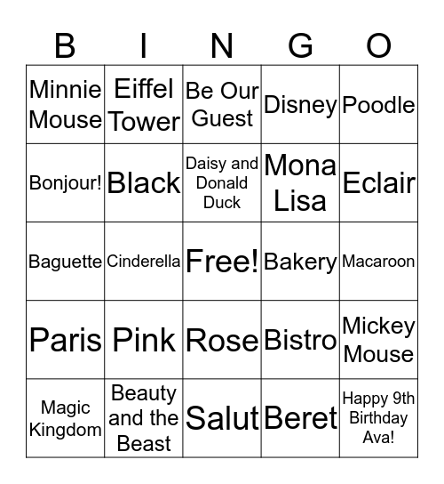 Disney in Paris BINGO Card