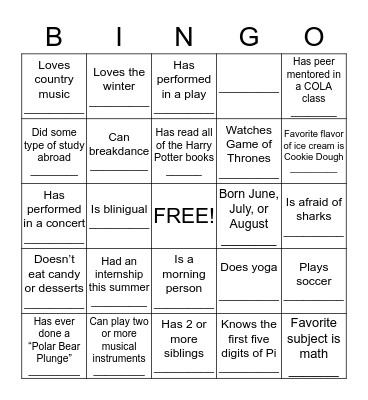 Get to know you BINGO Card