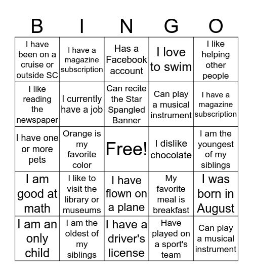 BINGO TO MEET YOU Bingo Card