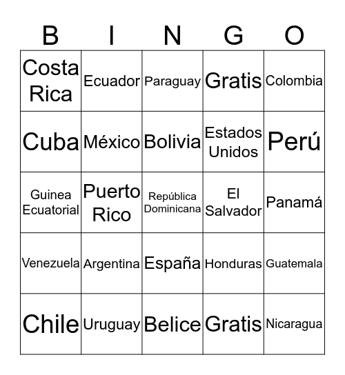 Los países Bingo Card