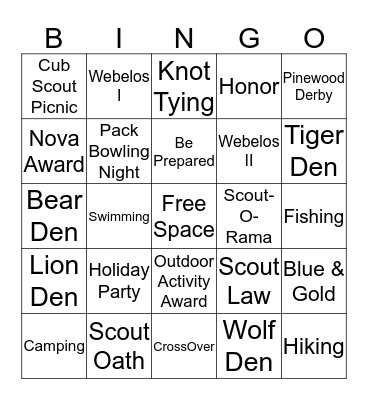 Cub Scout Pack 578 Bingo Card