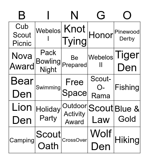 Cub Scout Pack 578 Bingo Card