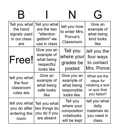 Mrs. Ponce's Class- Find Someone Who Bingo Card