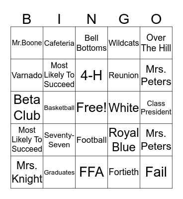 VHS Class of '77 Reunion Bingo Card