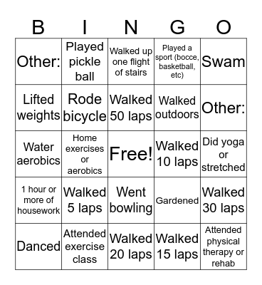 Senior Activity Bingo Card