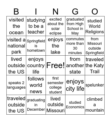 Welcome Bingo Card