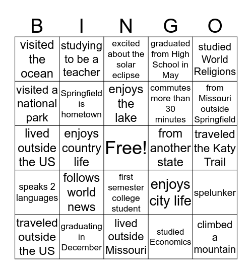 Welcome Bingo Card