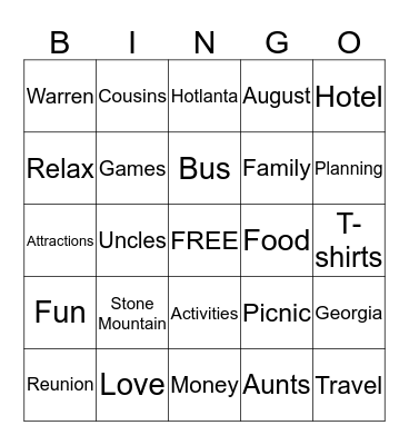 Warren Family Reunion Bingo Card
