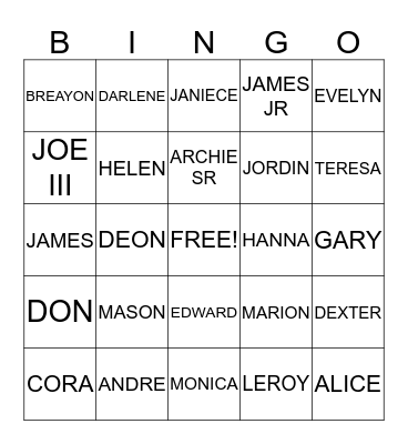 COBB FAMILY Bingo Card