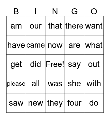 Dolch Primary Sight Words Bingo Card