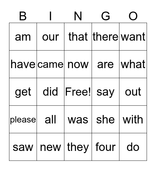 Dolch Primary Sight Words Bingo Card