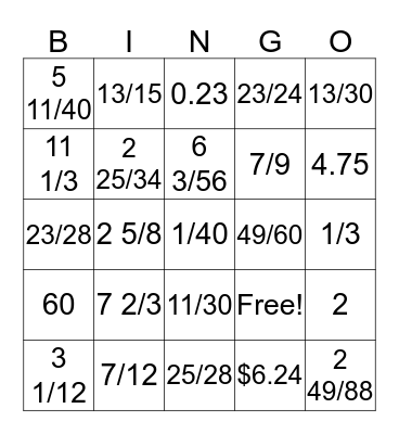 Fraction Bingo All Operations Bingo Card