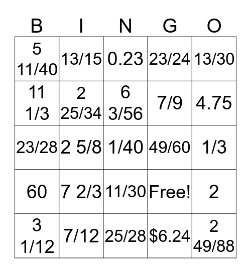 Fraction Bingo All Operations Bingo Card