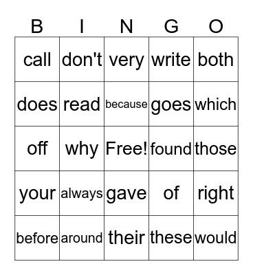 2nd grade sight words Bingo Card