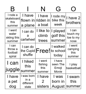 Exercise BINGO Card