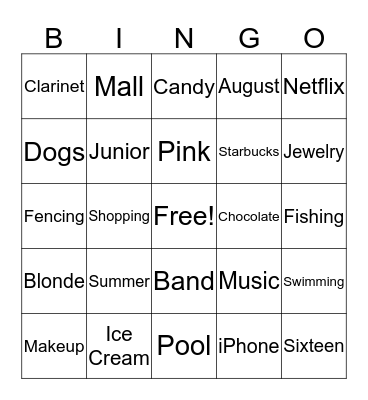 Jilly's Sweet 16 Bingo Card