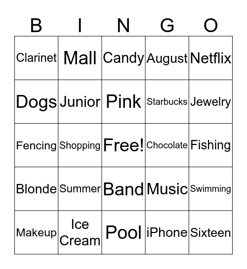 Jilly's Sweet 16 Bingo Card