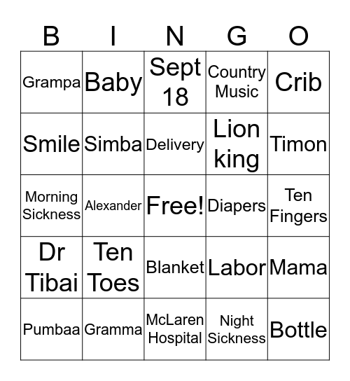 Alexander's Bingo Card