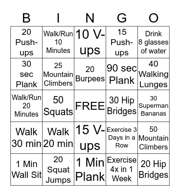 Fitness Bingo Card