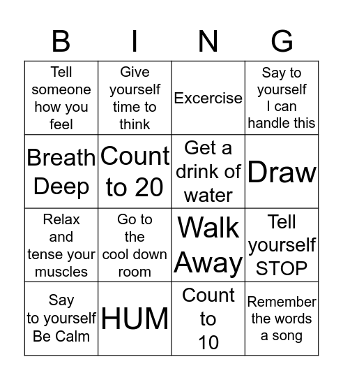 Coping Skills Bingo Card