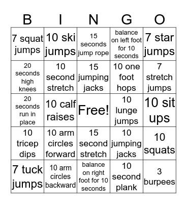 Physical Fitness Bingo! Bingo Card