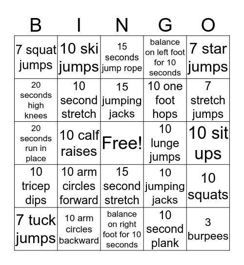 Physical Fitness Bingo! Bingo Card