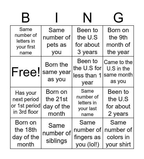 Math Bingo Card