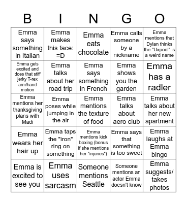 Emma Bingo Card
