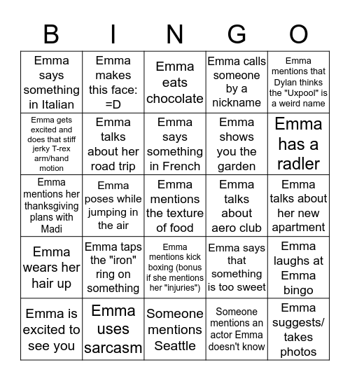 Emma Bingo Card