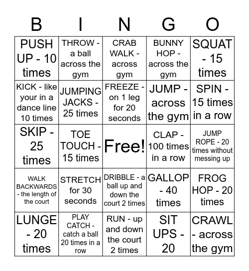 PE Bingo - find a different person who can complete each task. Once completed have them initial your paper.  Bingo Card