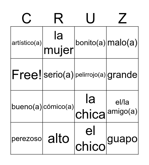 Appearances and Personality Bingo Card