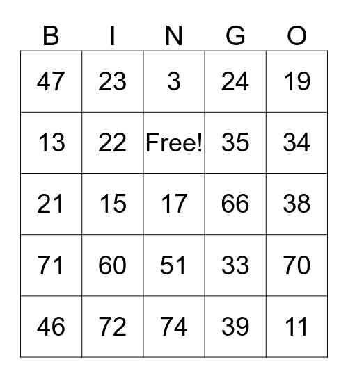 NUMBER Bingo Card
