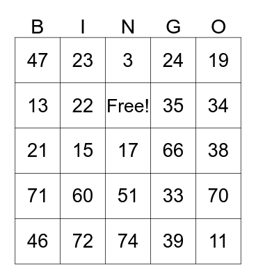 NUMBER Bingo Card